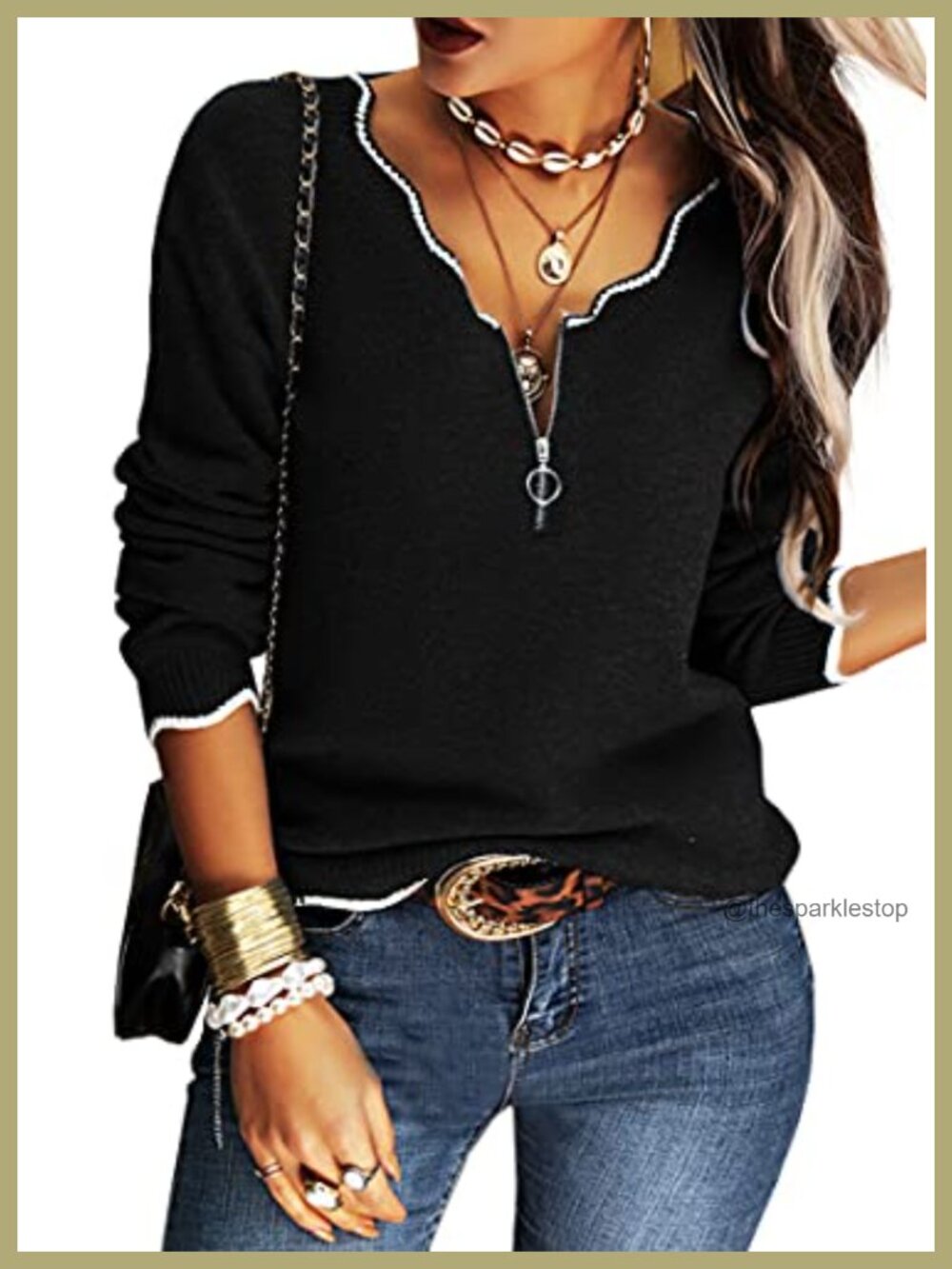 V Neck Half Zip Stripe Sweater Pullover Knit Top